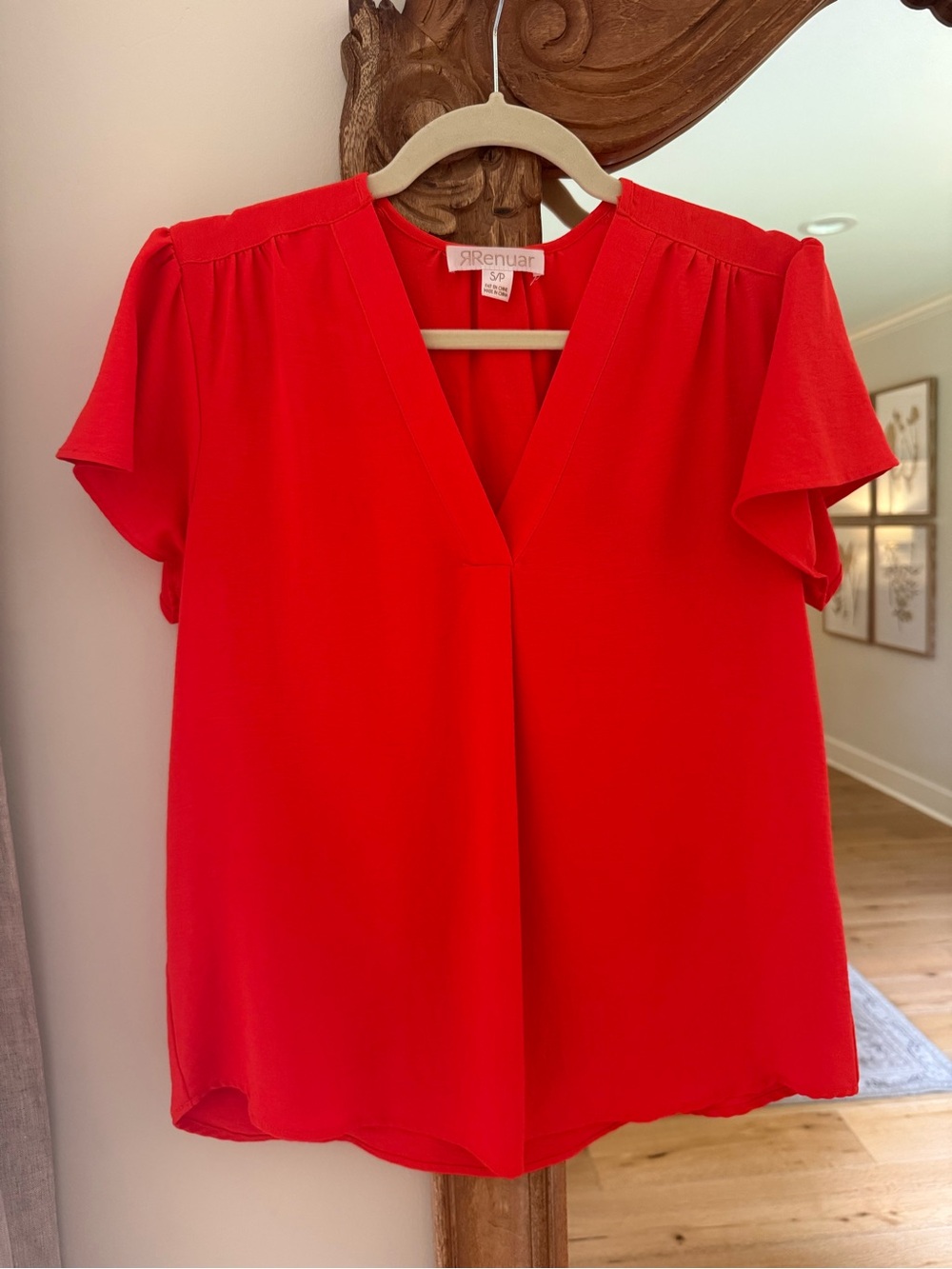 Renuar Bright Red V-Neck Flutter Sleeve Blouse